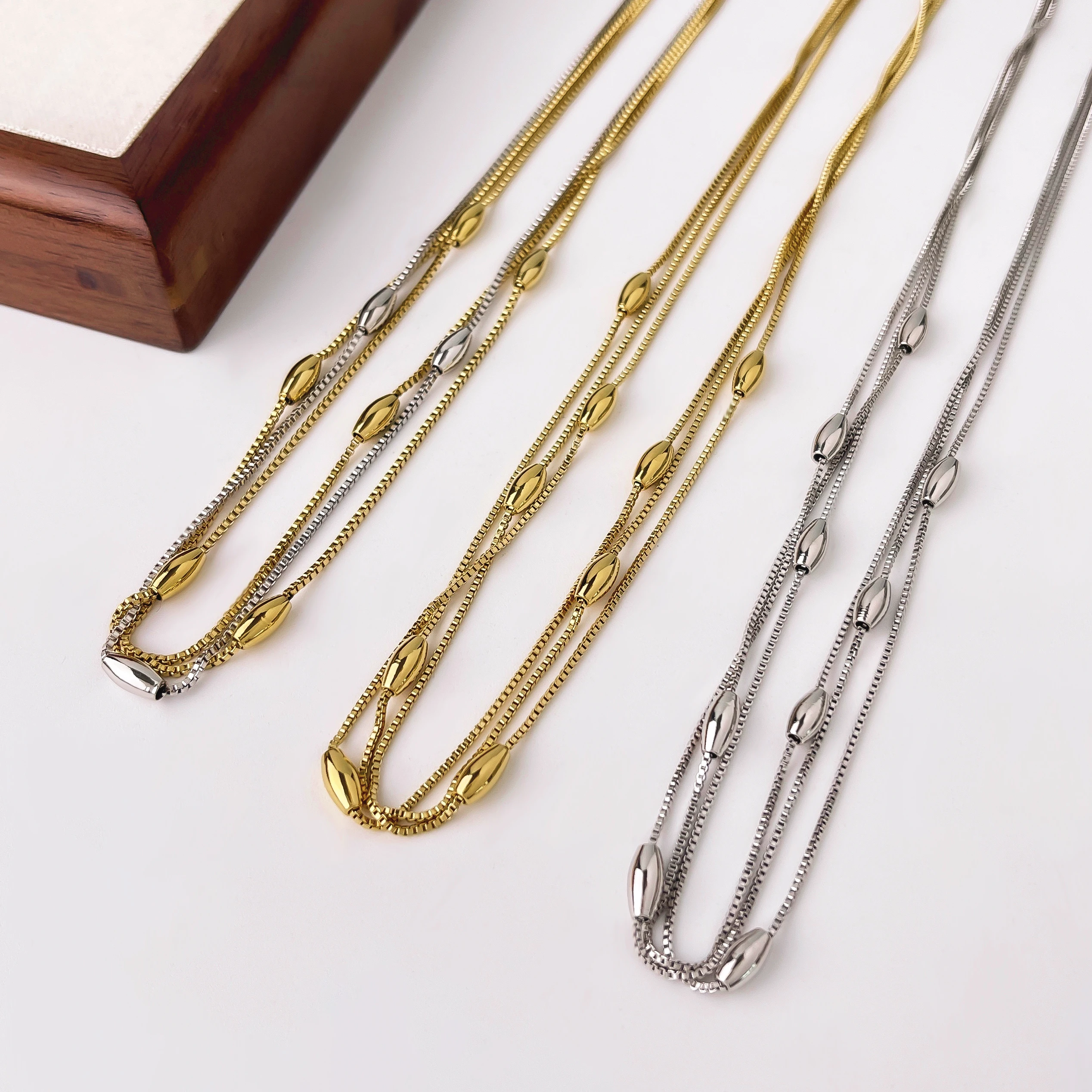 Peri\'sbox Dainty Triple Layered Clavicle Chain Oval Beads Necklace Unique Design Stainless Steel Waterproof Trendy Women Jewelry