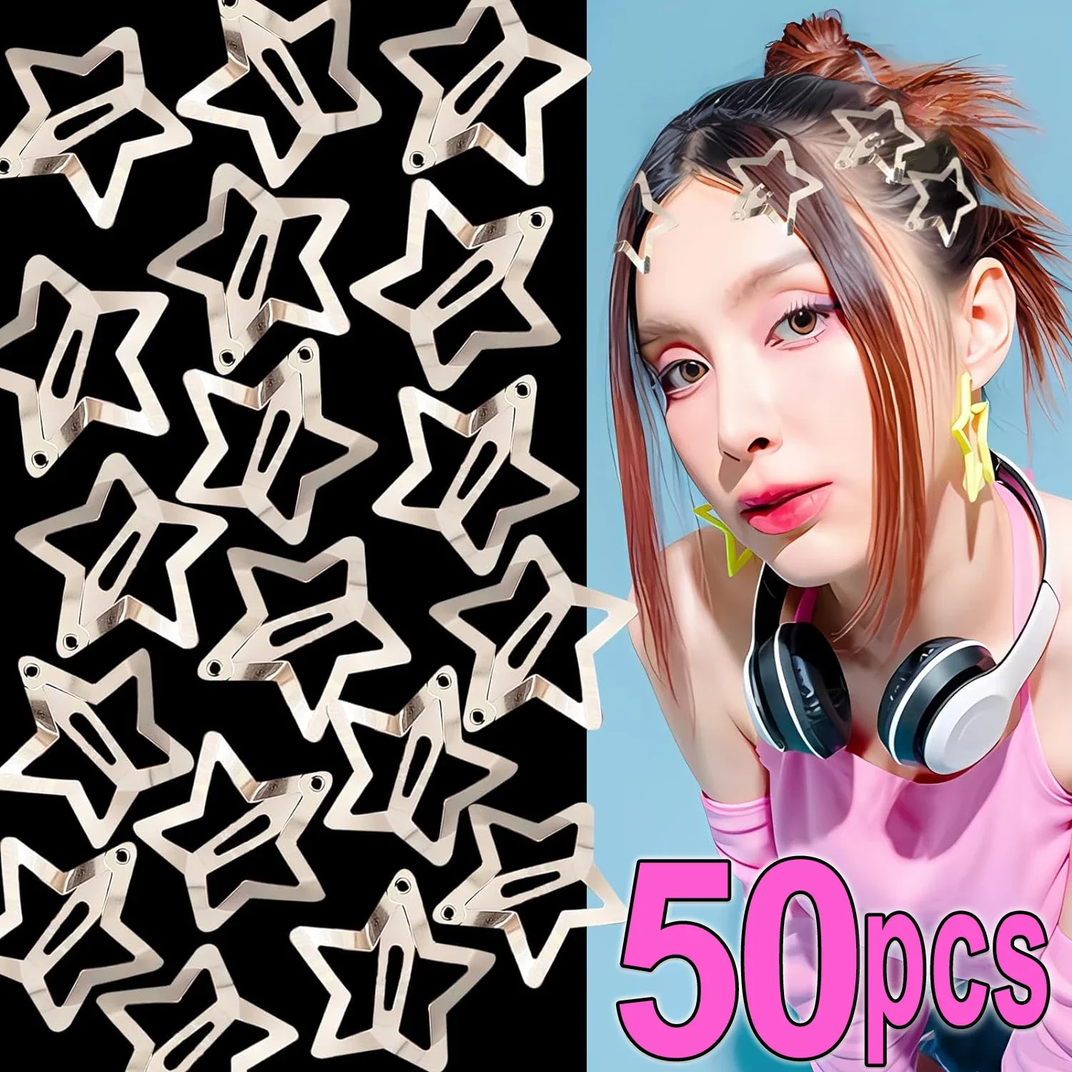 2/50Pcs Girls Silver Star Hair Clips Women Cool Cute Metal Star Hair Clips Barrettes Hair Grip Y2K Hairs Accessories Headwears