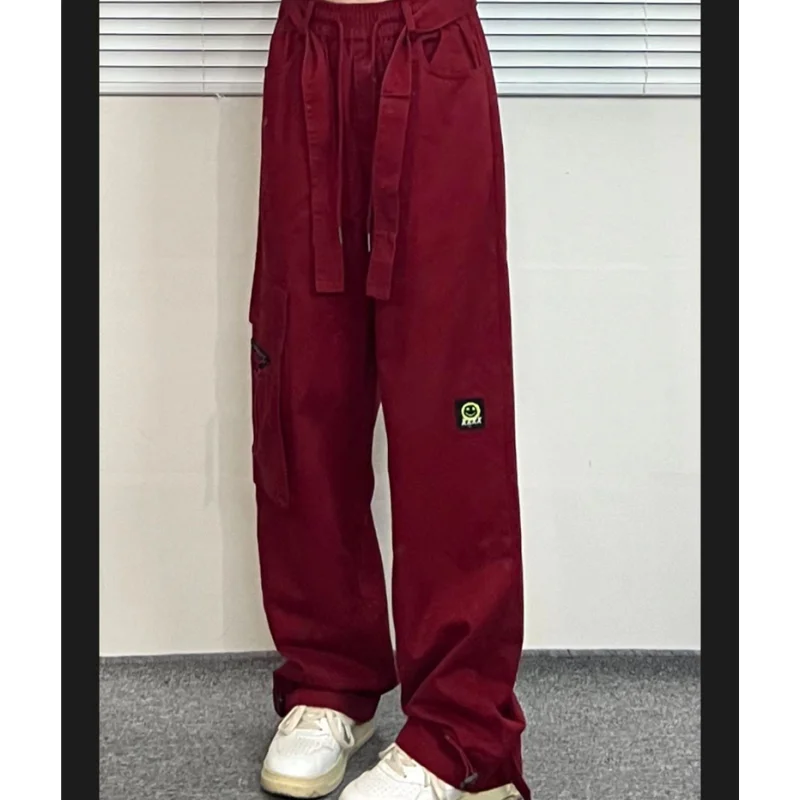 

American Vintage Red Cargo Pants Fashion Many Pocket Straight Mopping Pants High Street Y2K Baggy Wide Leg Trouser Ladies Spring