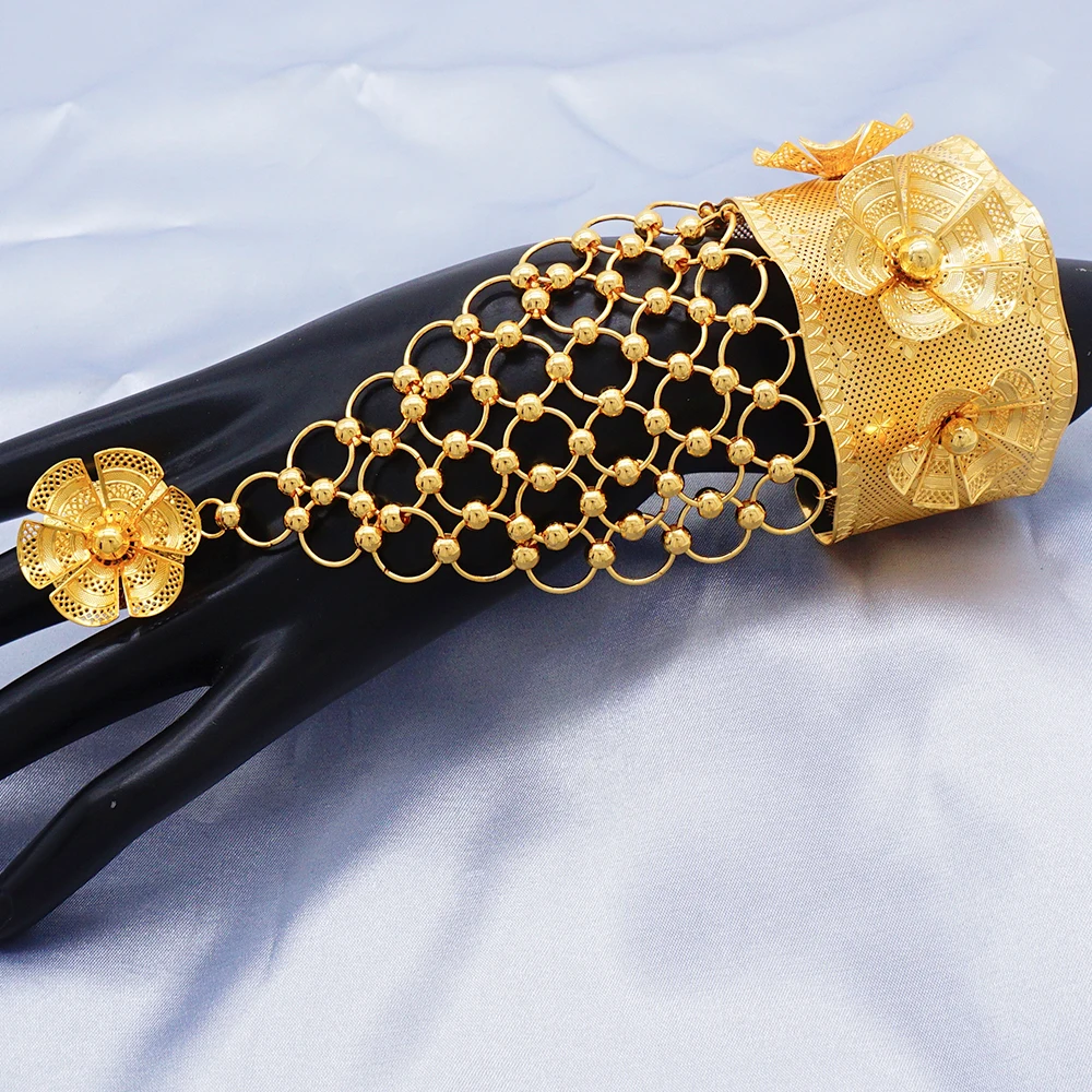 GDJWRI Dubai Wholesale Luxury Gold Color Bangles With Ring For Women Indian Charm Bracelet Jewellery Arabic Wedding Party