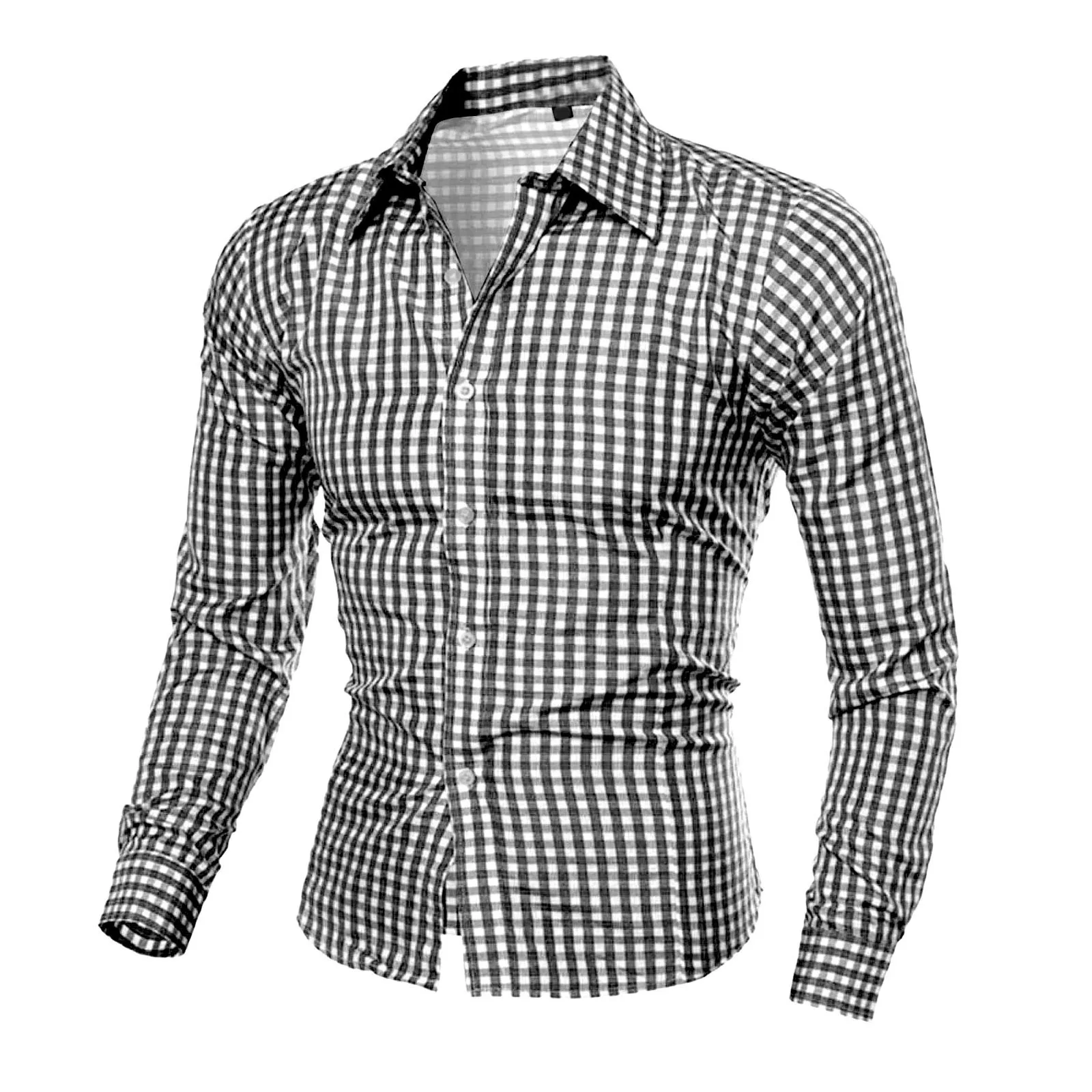 New Men\'S Casual Blouse Plaid Self Cultivation Shirt Top Single Breasted Slim Blouses Autumn Lapel Long Sleeve Male Shirts Top