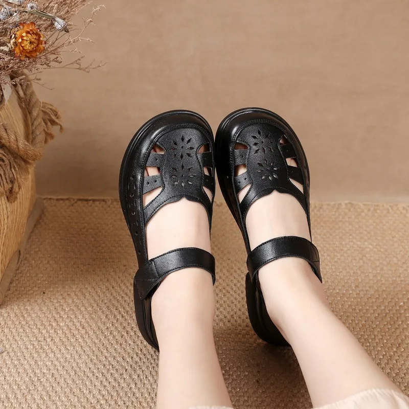 Vintage Summer Women Shoes Cowhide Platform Flower Women\'s Sandals Leather Thick Soles Light Comfortable Be Non-slip Sandals