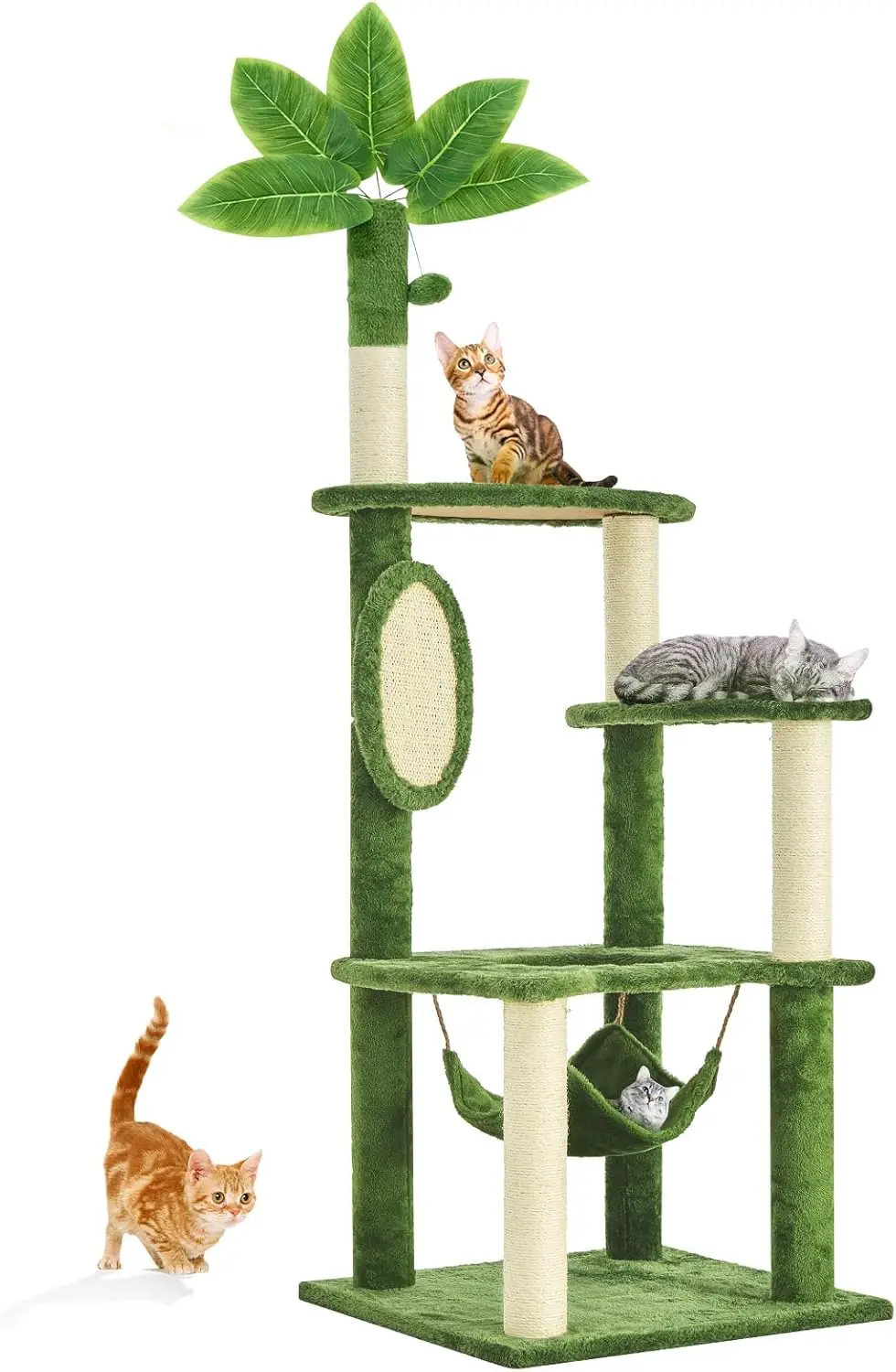

55 Inch Large Cat Tree Tower for Indoor Cats with Hammock Green Leaves Sisal Scratching Post, Plush Hang Ball Play Furniture