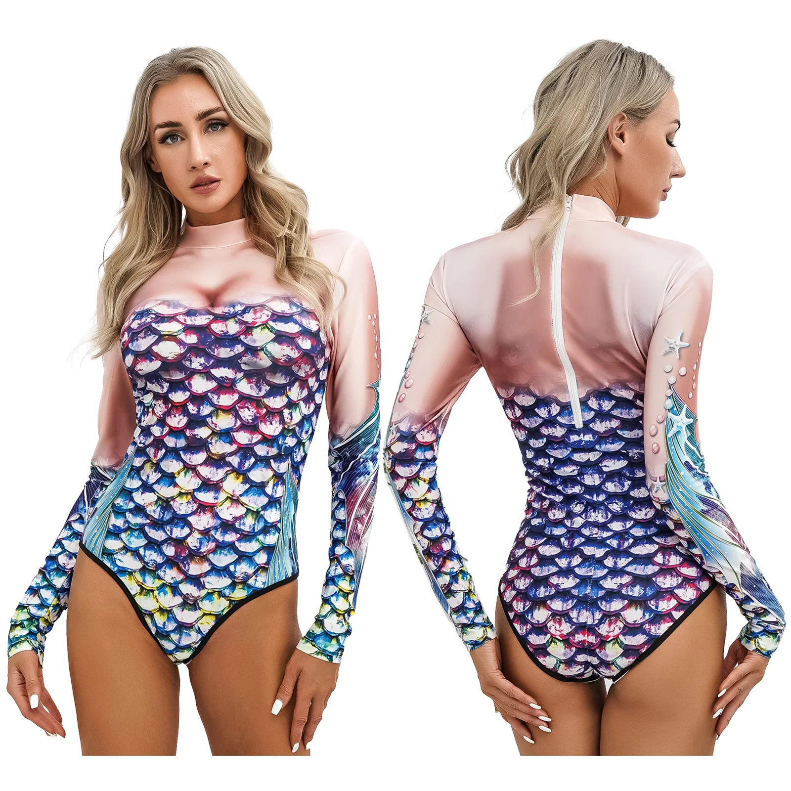 

New Women Fish Scales Print Bodysuit Swimsuit Long Sleeves Zipper Jumpsuit Swimming Bathing Surfing Swimwear for Party Clubwear