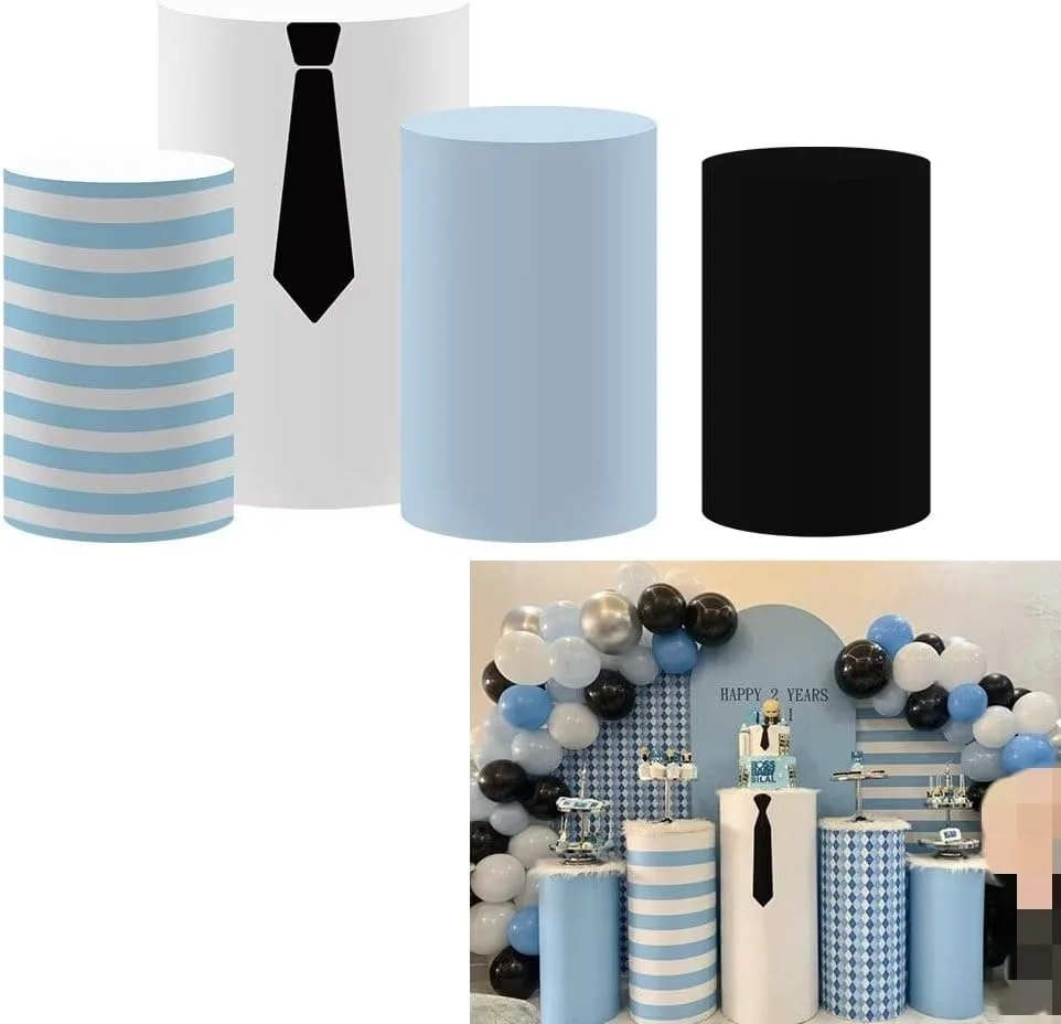 Blue Stripes Cylinder Covers for Boss Boys Birthday Parties Pedestal Plinth Stretchy Fabric Cover Kids Baby Shower Banquets