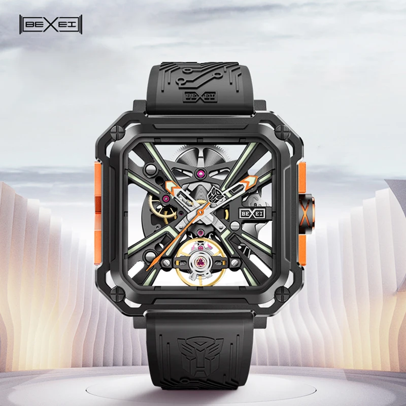 

BEXEI Simple Machinery Watch Man Skeleton Automatic Mechanical Sapphire Square Luminous Watches for Man Hollow Waterproof