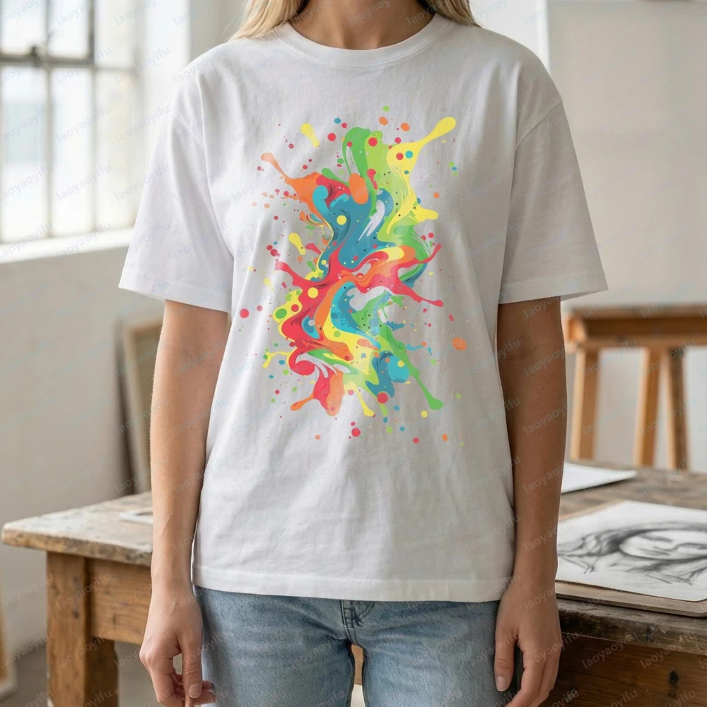 Unisex Color Splash Shirt Abstract Paint Splatter Tee Artistic Streetwear Gift Women Clothes Graphic Tshirts High Quality Cotton