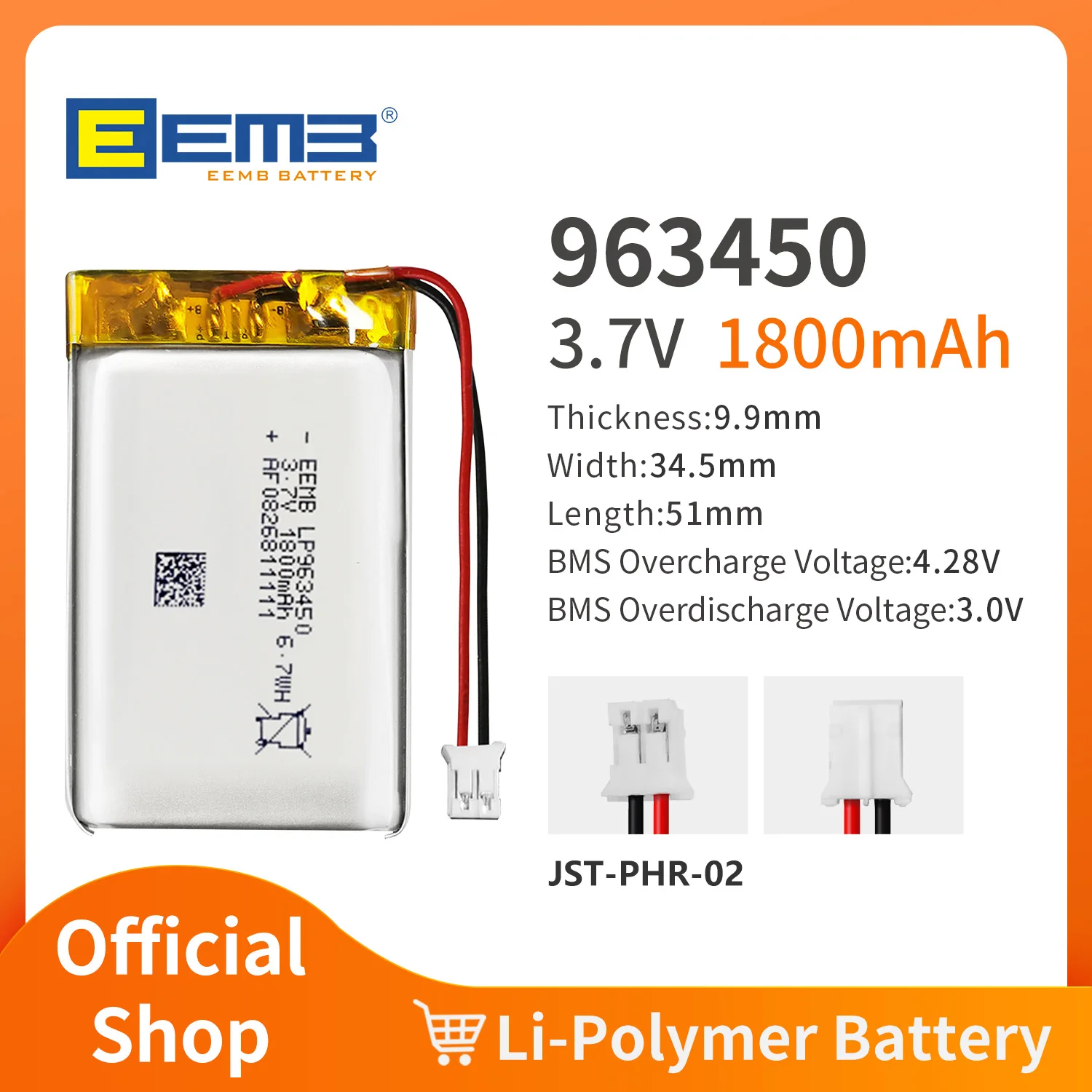 EEMB 903042 / 903436 / 903759 / 9051109 / 963450 / 973560   Plugue personalizado de bateria de polímero de lítio recarregável de 3,7 V