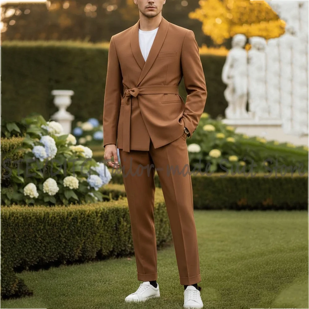 

Formal Men Suit Belted Shawl Lapel Slim Fit Blazer Pants Two Pieces Casual Business Wedding Party Custom Made Prom Outfit
