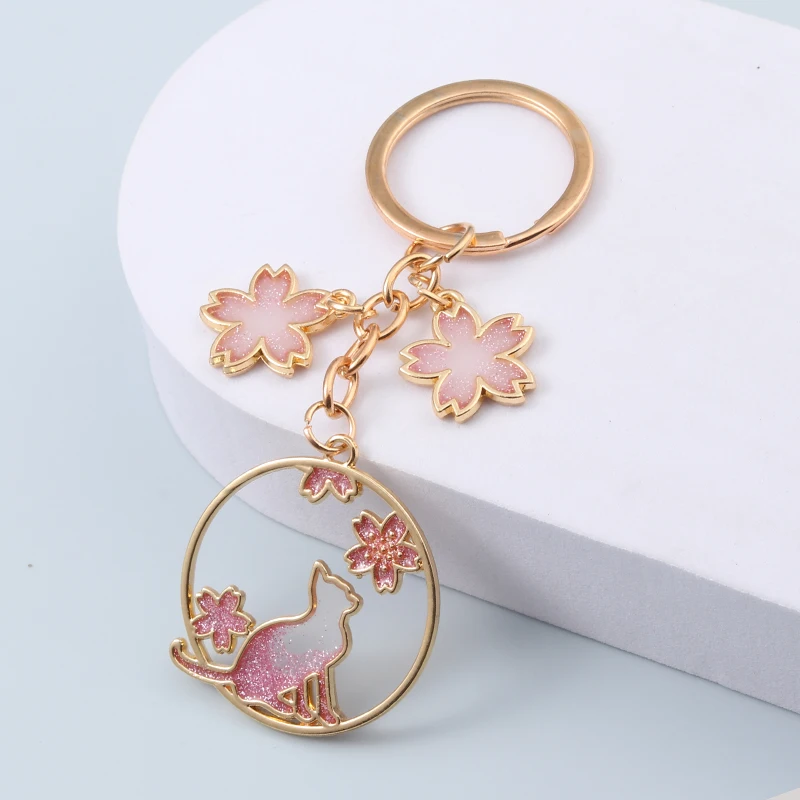 Pretty Round Cat Keychains Cherry Blossom Flowers Animals Key Rings For Women Girls Friendship Gift Handmade DIY Jewelry