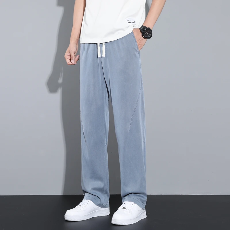Summer Soft Lyocell Ice Silk baggy Men's Jeans Thin Loose Straight Pants Drawstring Elastic Waist Korea Casual Solid black Male