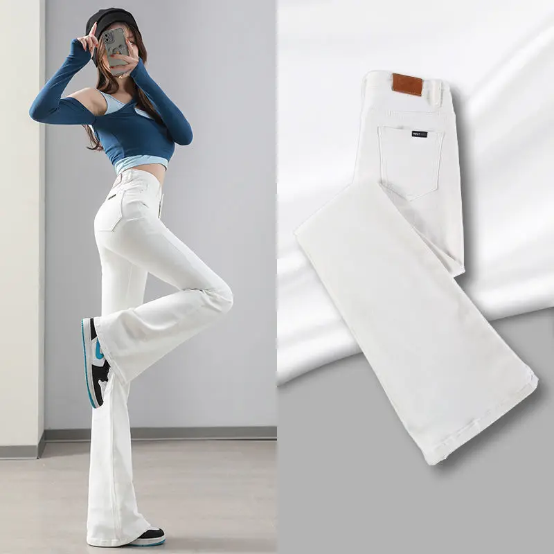 Damskie, wyszczuplające, rozszerzane jeansy denimowe na wiosnę, jesień i zimę, ocieplane aksamitem, grube, ciepłe spodnie typu flare, białe XT1446