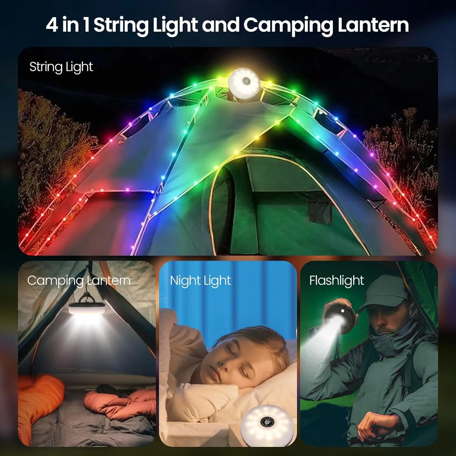 3-In-1Camping Light String Outdoor Rechargeable LED Strip Light Portable Work Lamp Emergency Light For Hiking Tent Holiday Decor