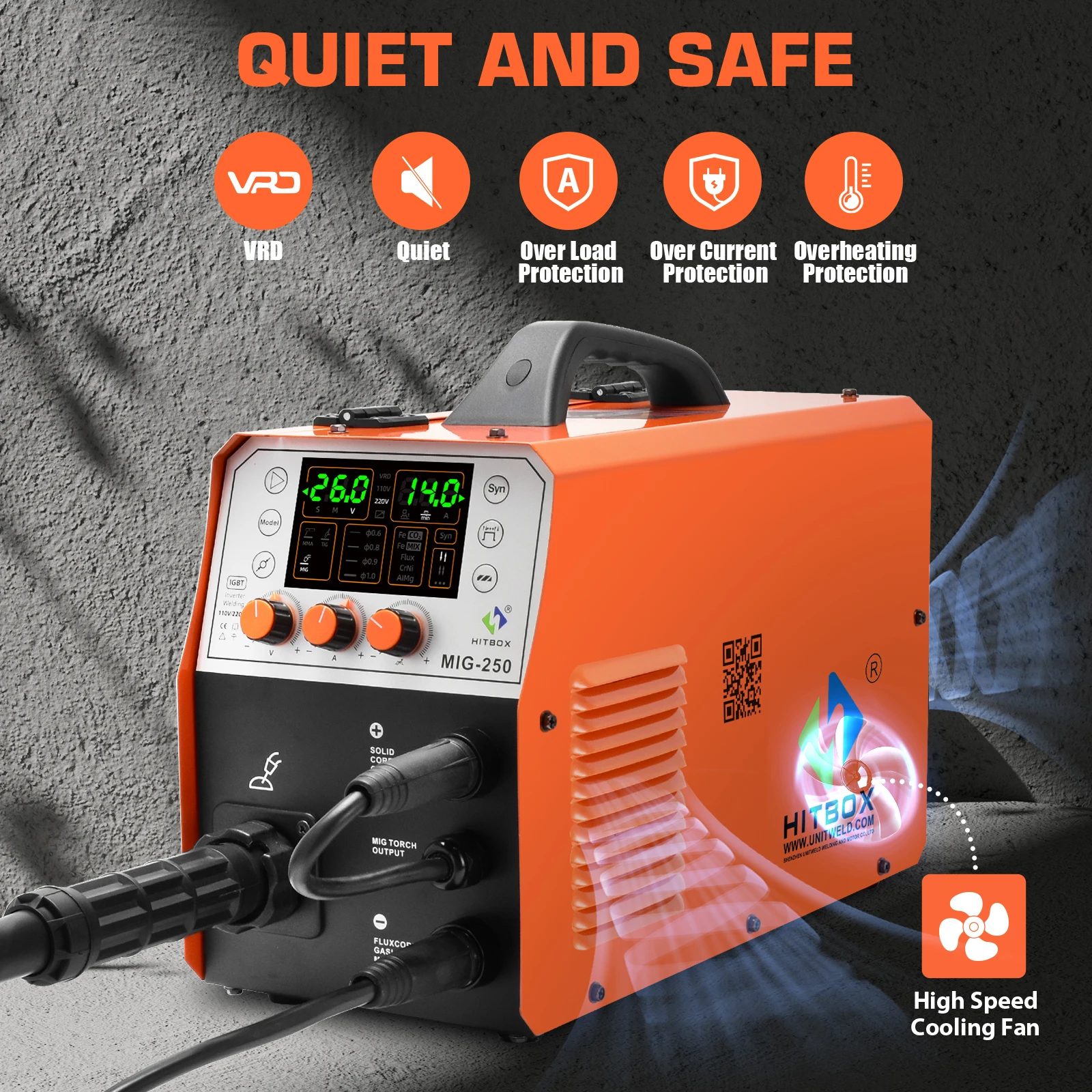 HITBOX MIG Welding Machine MIG250 6 in 1 Digital Display 220V MIG Gasless/ARC/Lift TIG/Gas CO2 2T/4T Welders