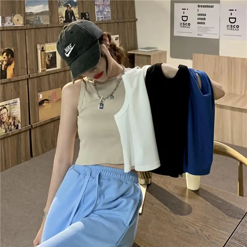 

American Sle ort Crop Top Tank Top Slimming round Ne Summer 2024 New Spicy Girl Design Sense Outerwear Vest for Women