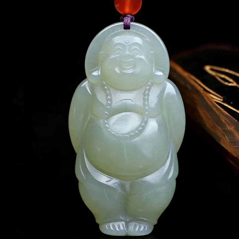 Qinghai and Hotan Standing Pendant, Three-dimensional Real Jade Necklace, Laughing Buddha with a Big Belly, Jad