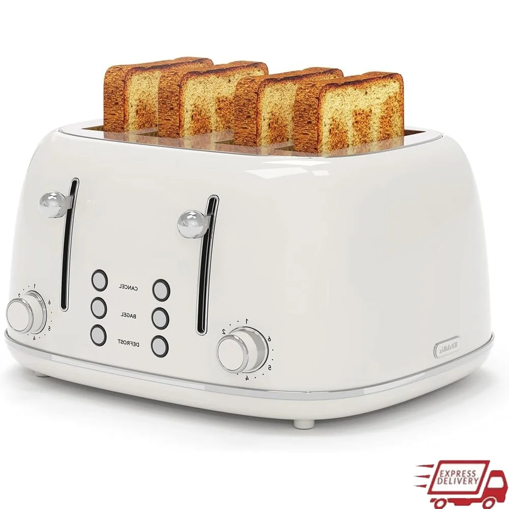 

4 Slice Retro Stainless Steel Toaster with 6 Browning Levels Extra Wide Slots Bread Bagels Waffles Easy Clean Dual Controls