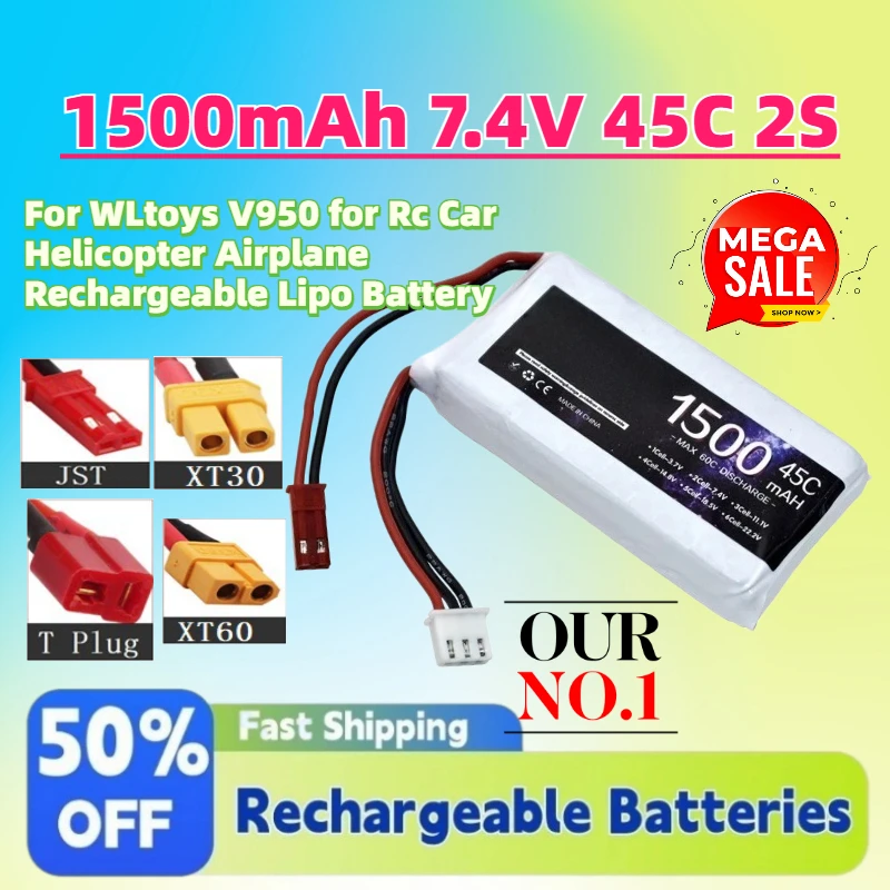

New 1500mAh 7.4V 45C 2S Battery T/XT60/XT30/JST Plug for WLtoys V950 for Rc Car Helicopter Airplane Rechargeable Lipo Battery
