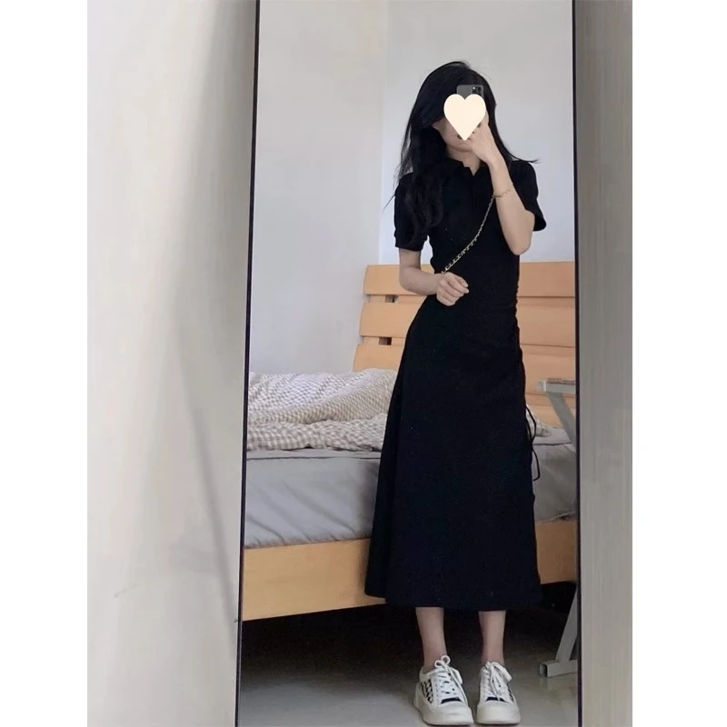 

Черное платье с воротником-поло, уникального дизайна, повседневное и элегантное длинное платье, приталенное платье во французском стиле для женщин на лето.