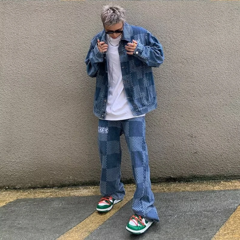 Autumn Denim Set Men Women Plaid Patchwork Lapel Denim Jacket Wide Leg Straight Jeans Mens Casual Loose Two Piece Suit Unisex