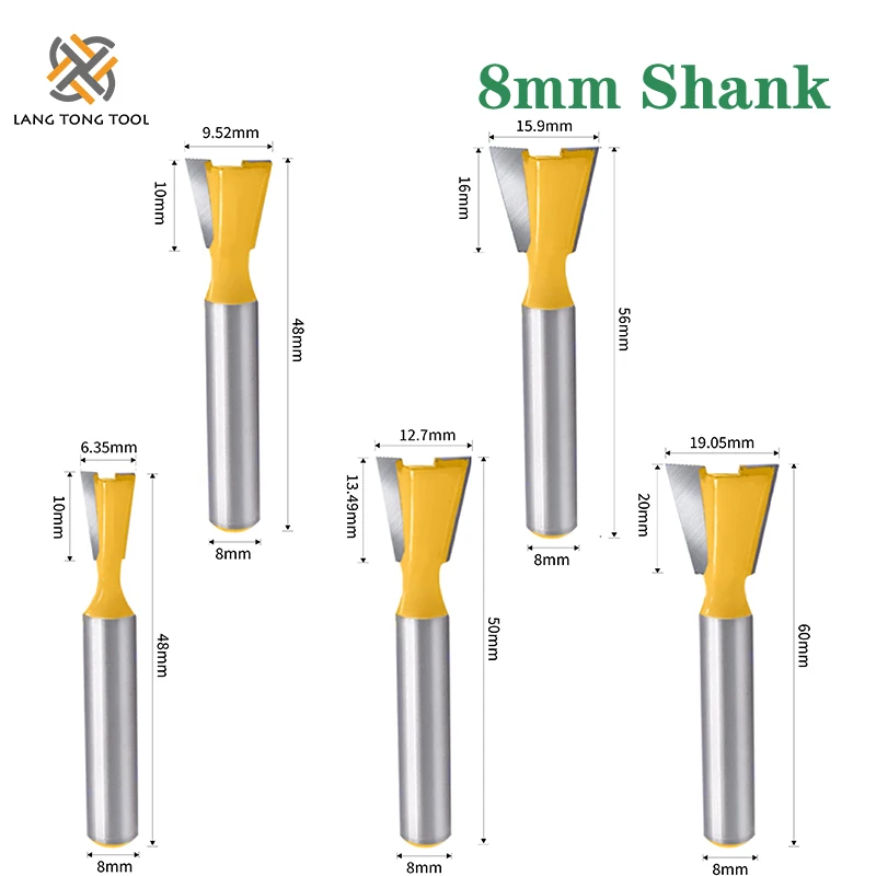 LANG TONG TOOL 5PCS 8mm Shank Dovetail Joint Router Bits Set 14 Degree Woodworking Engraving Bit Milling Cutter for Wood LT002