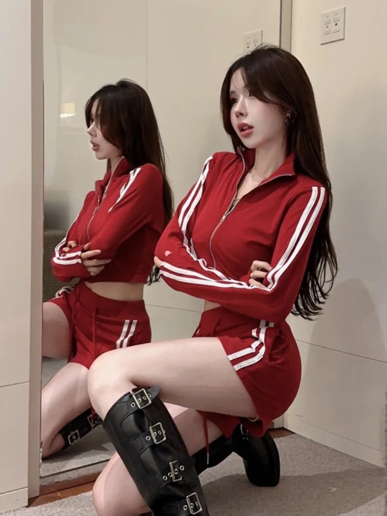 

American Sporty Striped Pure Desire Set Women's Long Sleeve Zipper Short Style Jacket Casual Hot Pants Two-Piece Suit Cotton