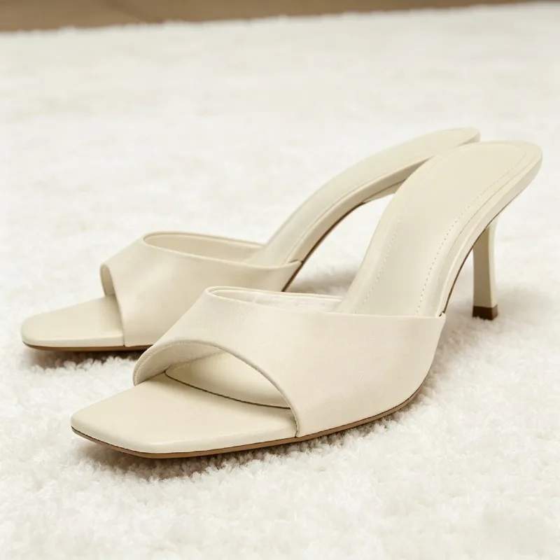 

Элегантные женские мюли бежевого цвета с широким ремешком спереди, квадратным и открытым носком, на каблуке, без задней части, для вечеринок