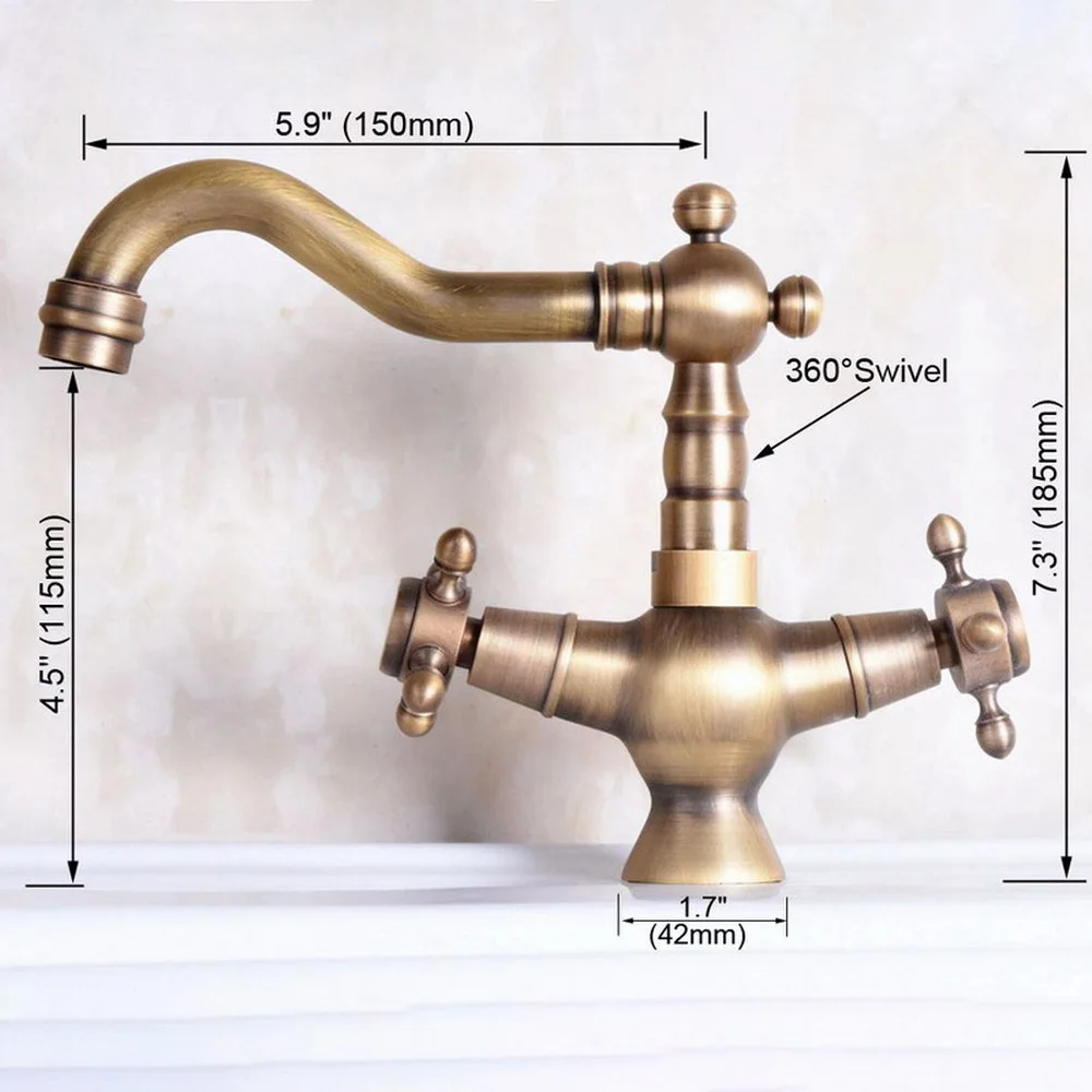 Antique Brass Single Hole Double Cross Handles Swivel Spout Kitchen Sink Bathroom Vessel Basin Faucet Mixer Tap anf248