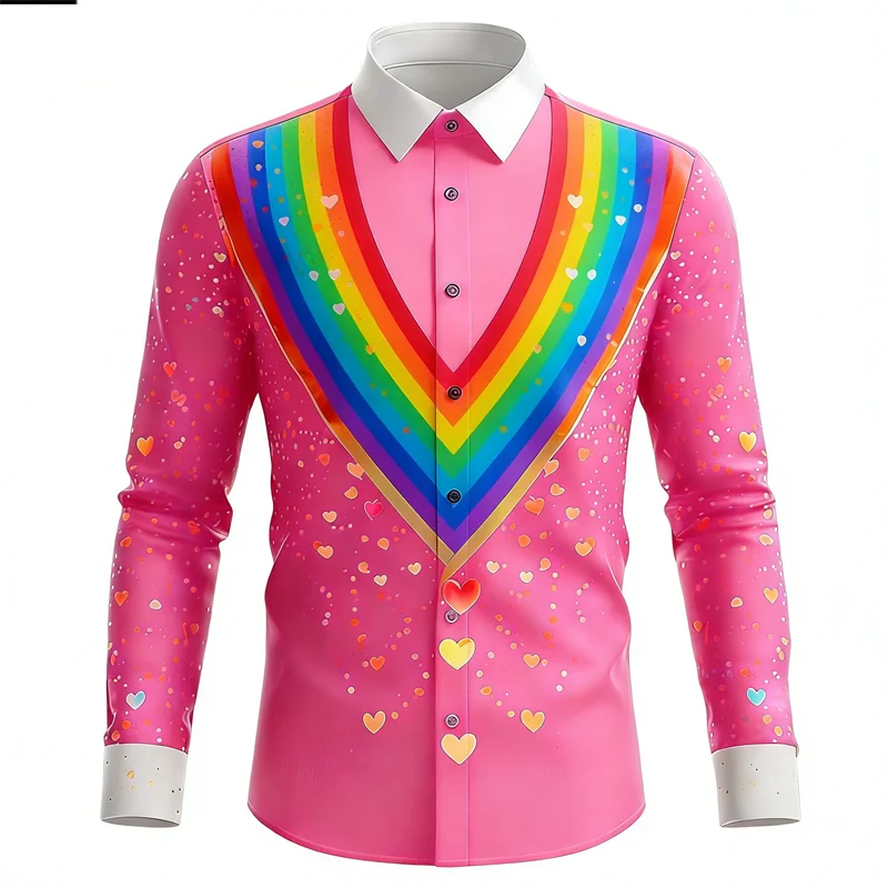 

New men's long sleeved shirt with lipstick print pattern 3D printing design, men's lapel high-definition casual top