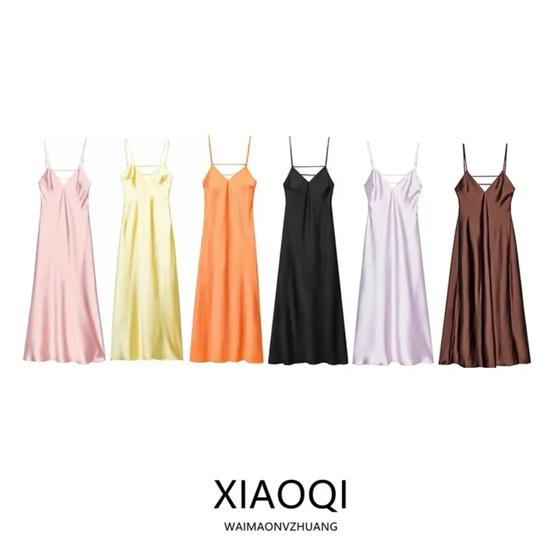 Printemps 2025 femmes soie Satin sensation Strapl Midi Dr décontracté h-ligne une pièce Ele Sle No Sve Quali Texture