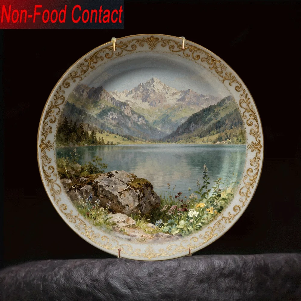 1pc Ceramic Decorative Plate - Round Elegant Wall Plate with Golden Pattern Frame, Scenic Landscape Suitable for Home Decor,