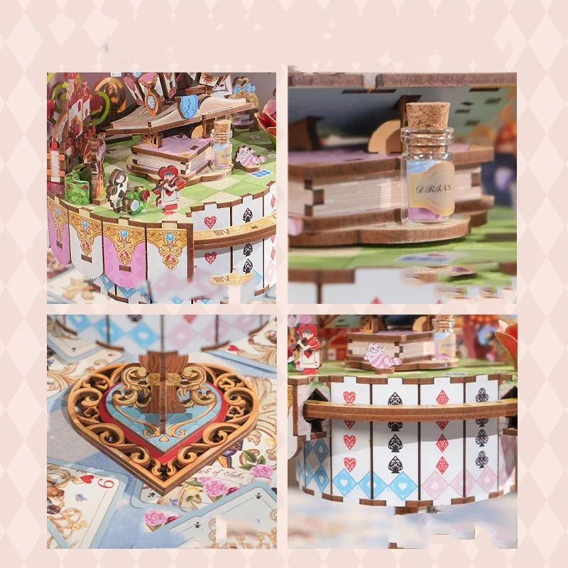 Anime Kawaii Cartoon Assembled Music Box Alice's Tea Party Music Box Diy Handmade Building Blocks Ornaments Girls Birthday Gifts