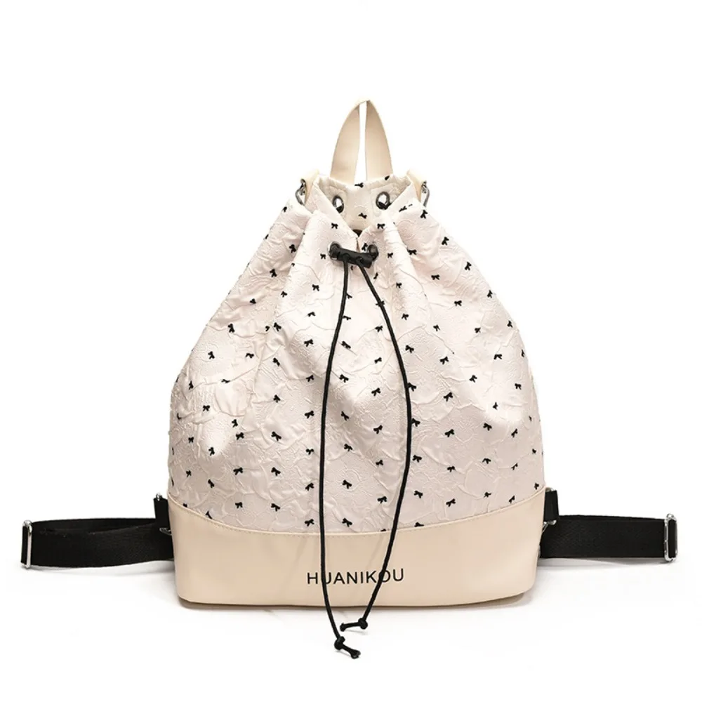 

Large Capacity Bow Pleated Backpack Lightweight Solid Color Sweet Shoulder Bag Nylon Tote Bag Drawstring Fitness Bag Women