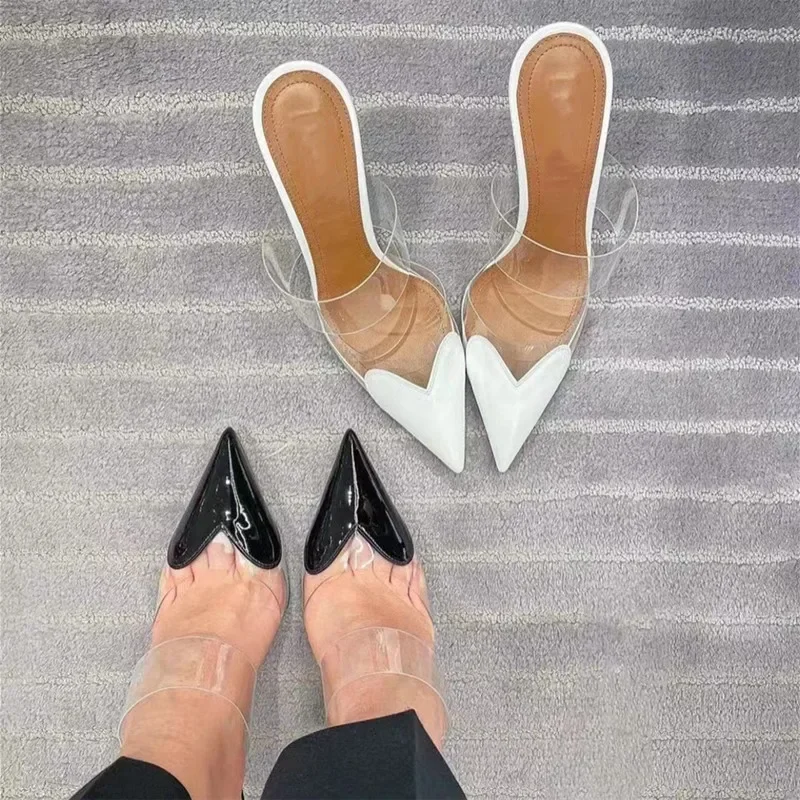 Elegant Pointed Toe Transparent PVC Heart High Heels Mules Slipper Shoes Women 2025 Black White Red Shoes Luxury Designer Pumps view 3