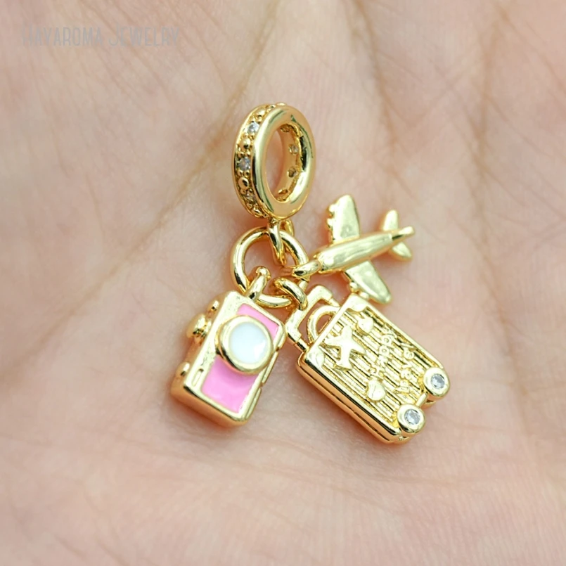 10Pcs Enamel Jewelry Wholesale Trunk Geometric Airplane Camera Metal Copper Gold Color Pendant