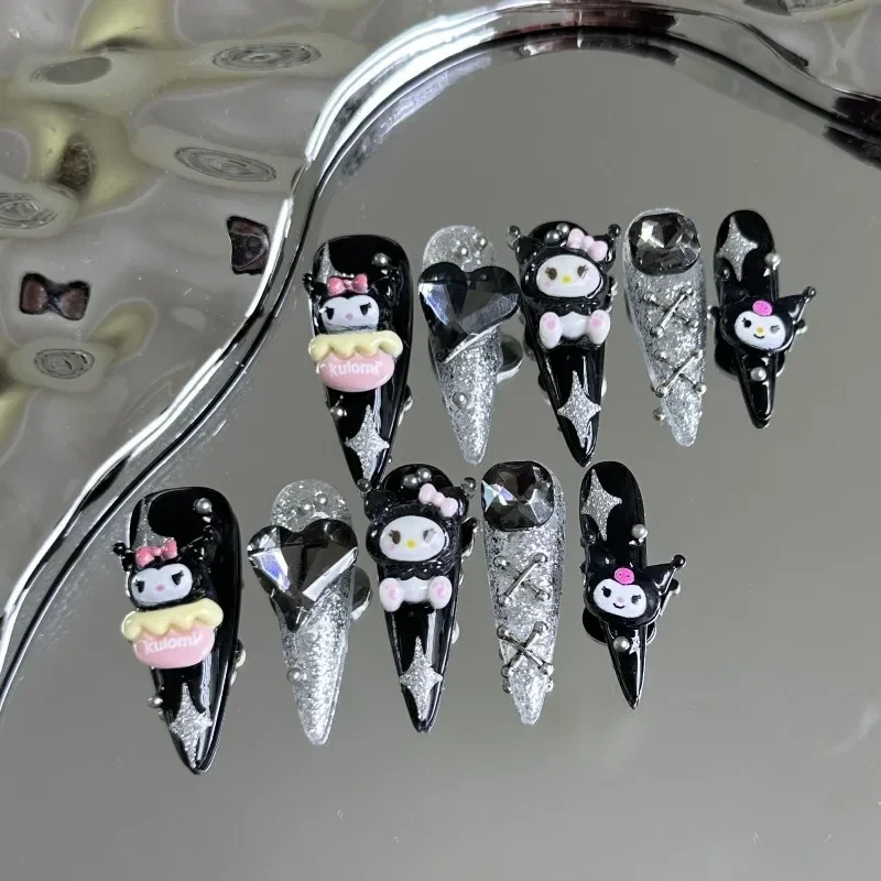 

10pcs Kawaii Kuromi Y2k Cartoon Anime Cute Cool Sweet Girl Dark Black Sparkling Acrylic Press on Nails Fake Wearable Nail Art