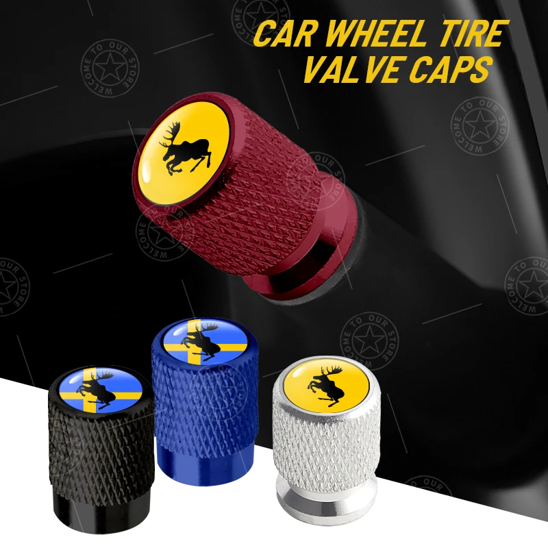 4pcs Prancing Deer Sweden Flag Logo Car Wheel Tire Valve Caps Air Stem Aluminum Accessories For Volvo XC40 XC60 XC90 V40 V60 V90