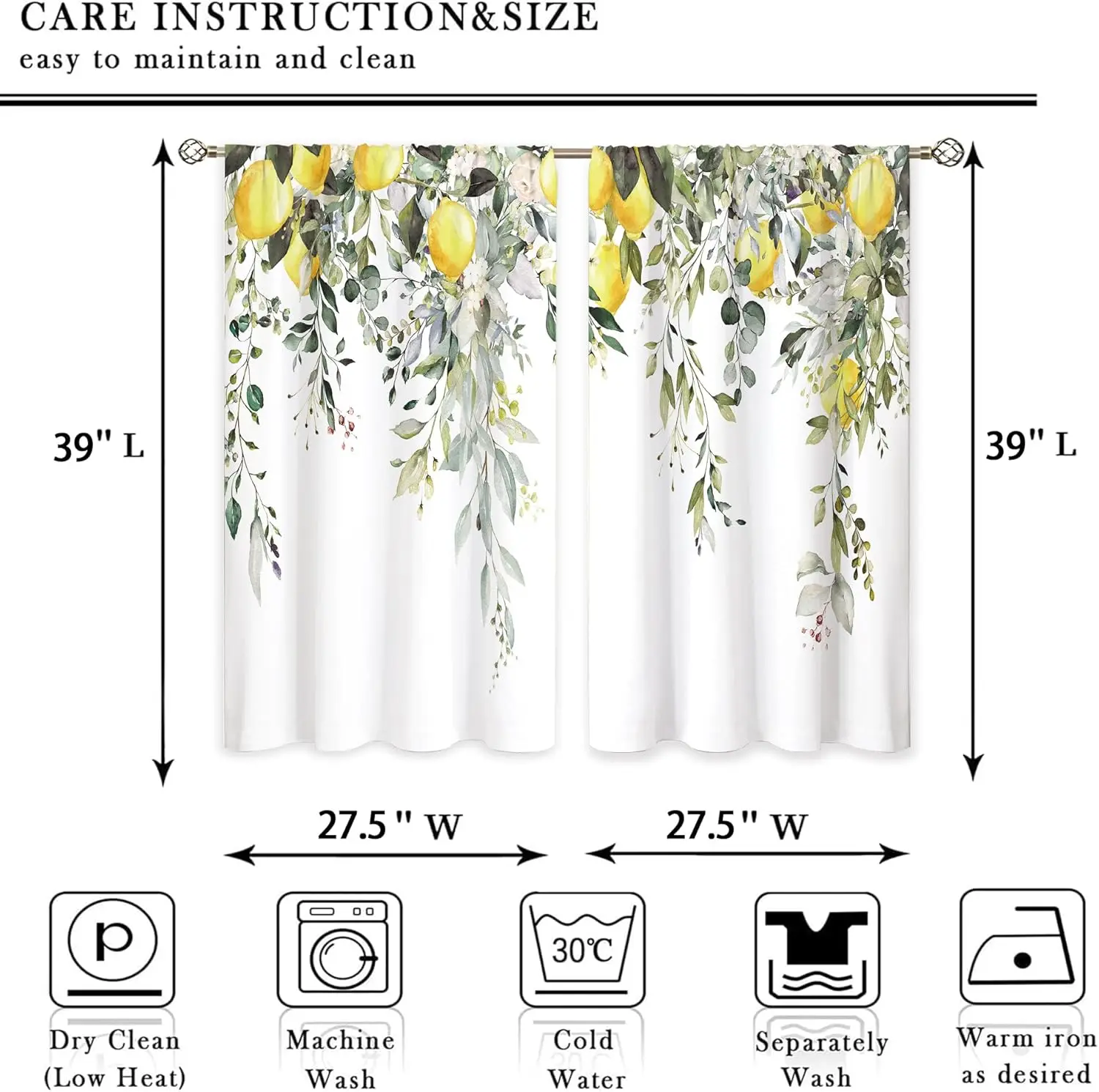 Yellow Lemon & Sage Green Eucalyptus Short Curtains, Botanical Fruit Tier Drapes for Kitchen Sink Cafe Bathroom Window Decor
