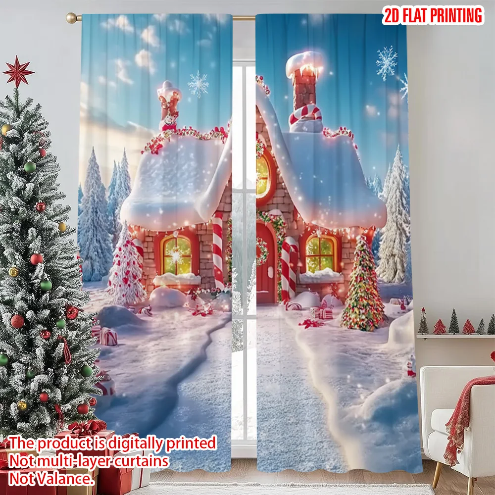 

2pcs 2D flat printing Christmas Drapes Red Candy Village Durable Polyester Without Electricity Birthday Party Use for Spring