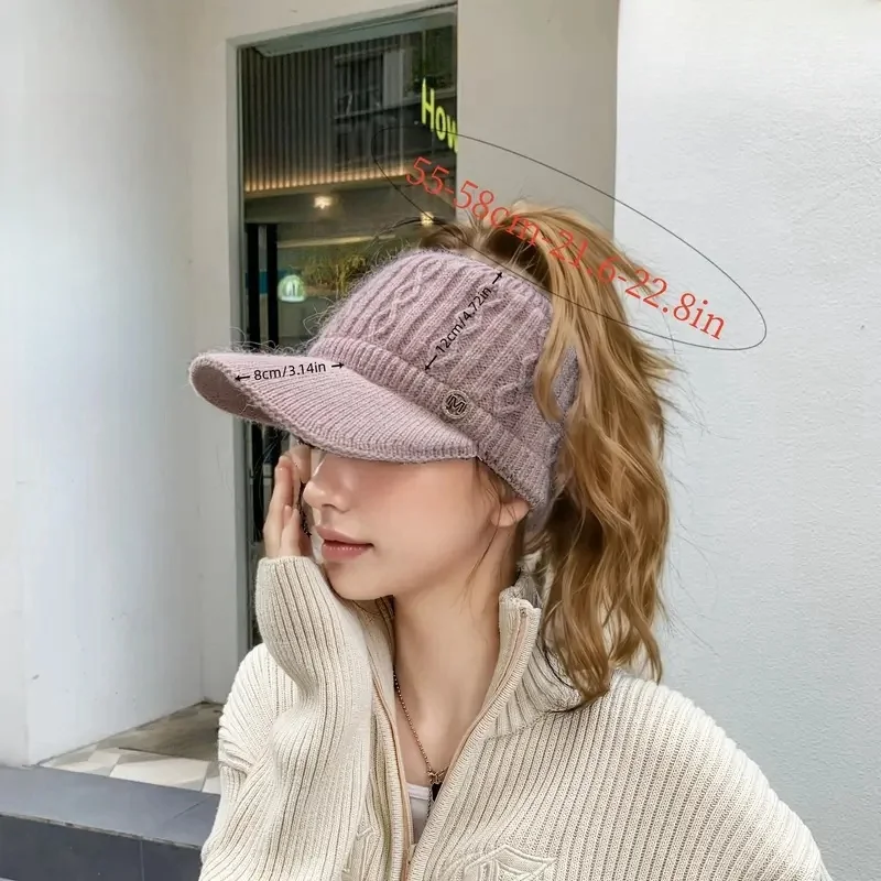 1pc Baseball Cap Knit Beanie Hat for Women High Bun Ponytail Skull Cap Stretch Winter Chunky Warm Visor Brim Crochet Hats