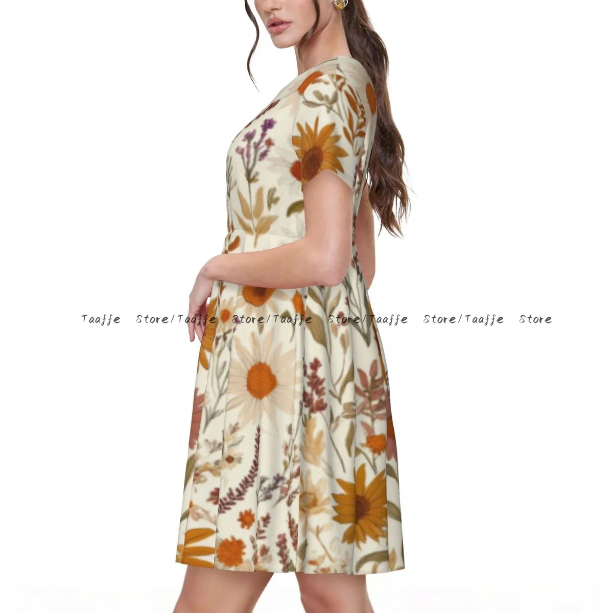 Summer Women's Short Sleeve Waist Dress Women Whimsical Boho Floral Illustration Daisies Round Neck Casual Dress