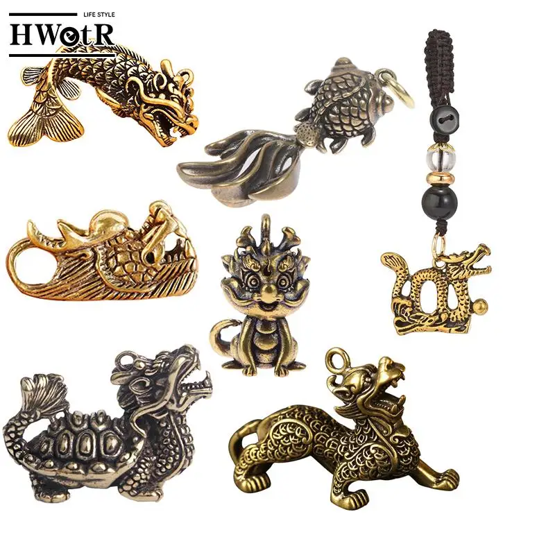 1PC Vintage Chinese Brass Bronze 3D Mini Dragon Casting Animal Figurine Keychain Pendant Souvenirs Decorations