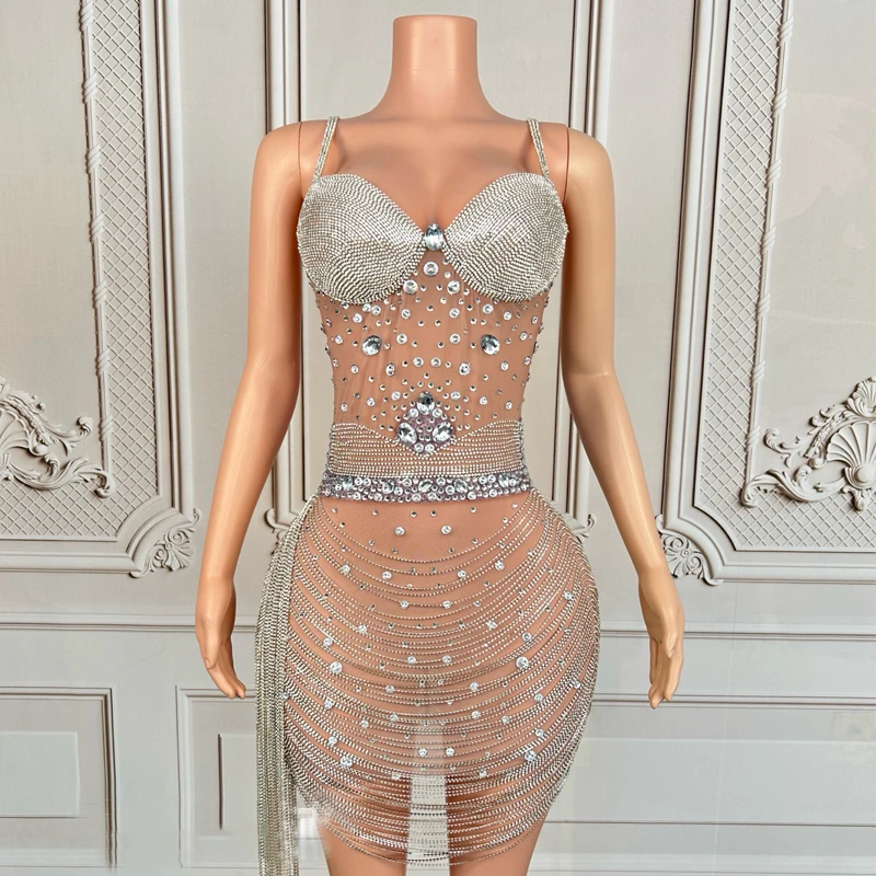 فستان مثير بسلسلة من أحجار الراين الشبكية للنساء فساتين حفلات رقص الجاز ملابس مهرجان المسرح بار ملهى ليلي DJ Gogo زي XS10627 #1