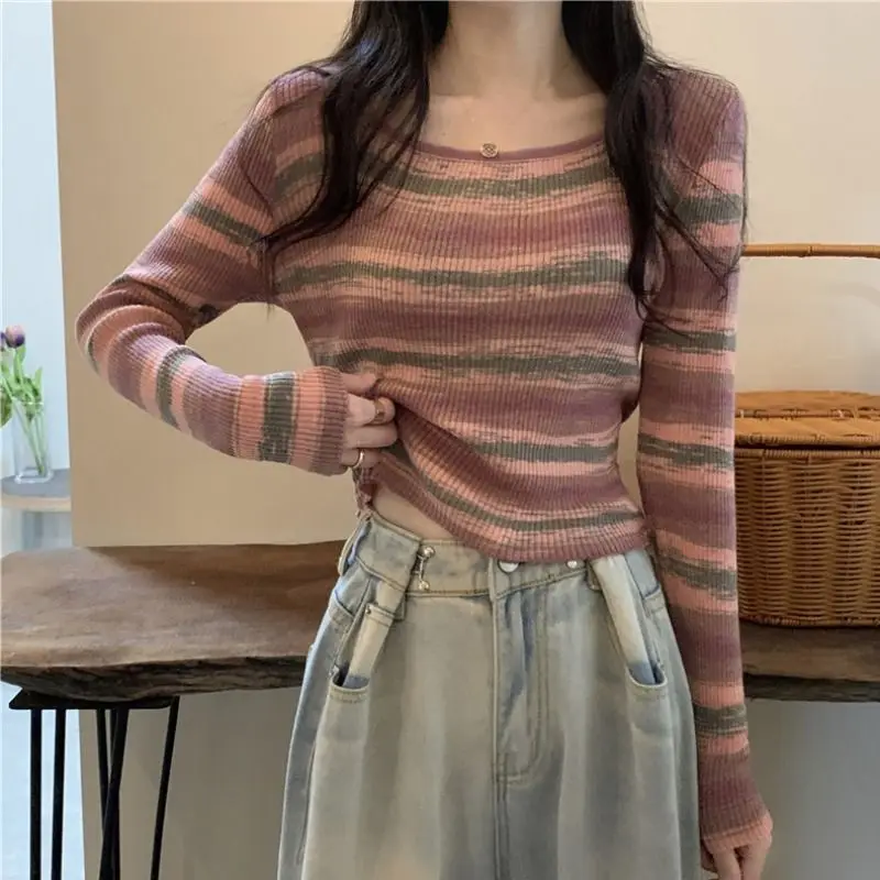 Retro Striped Knitted Women's Autumn New 2026 Spliced Square Collar Screw Thread Fashion Slim Versatile Casual Long Sleeved Tops