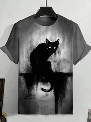 Summer Men's Mysterious Black Cat Art Print T-Shirt trend streetwear Men's Tops Large Size Short-Sleeved Tee Loose Clothing