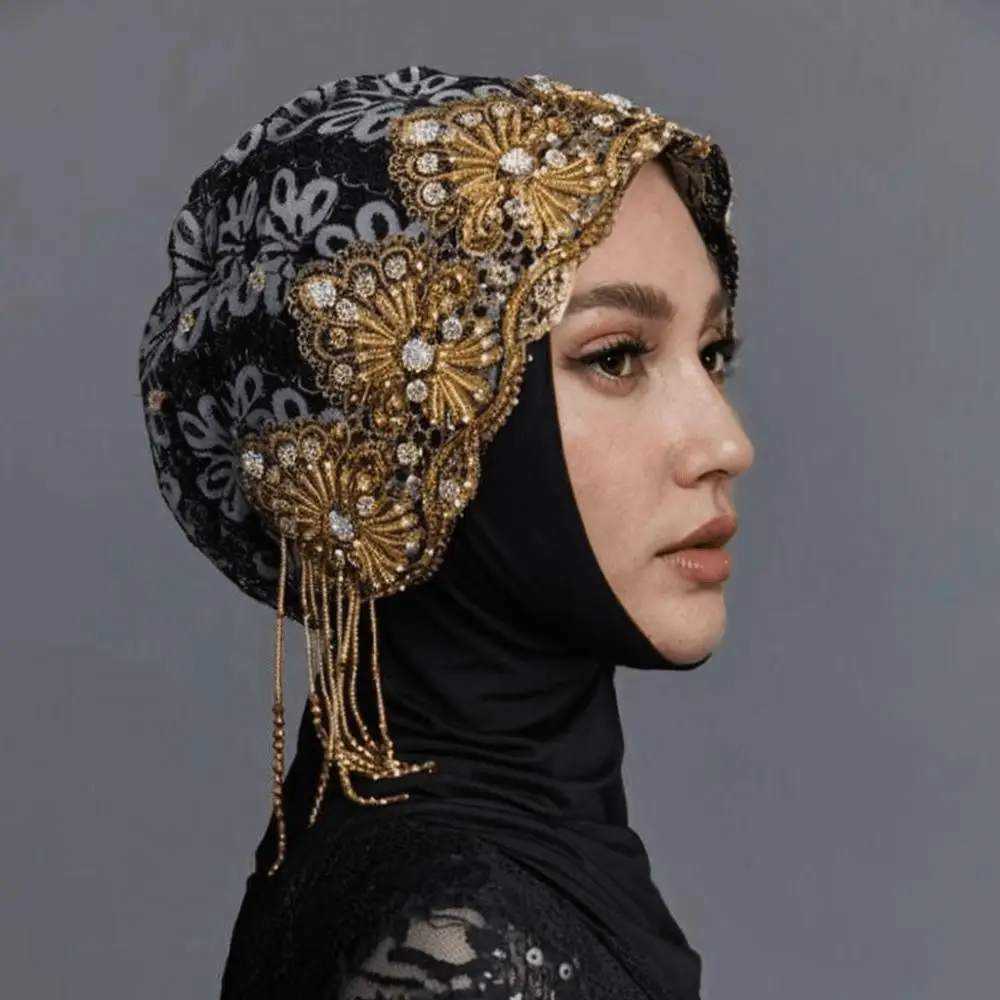 

Женская шапка-тюрбан с вышивкой и стразами, готовая к ношению кружевной платок на голову, мусульманский высококачественный хиджаб, шапка для волос