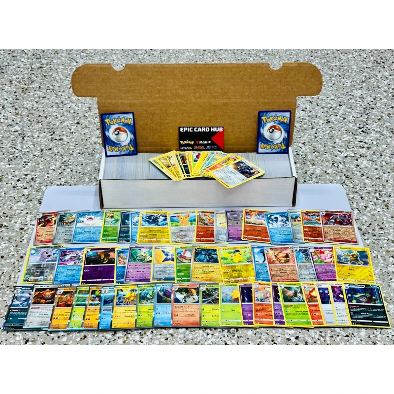 

Genuine 1Box Massive 1000 Pokemon Card Lot - Over 100 Foils, Rares, V's, EX's - NO DUPLICATES