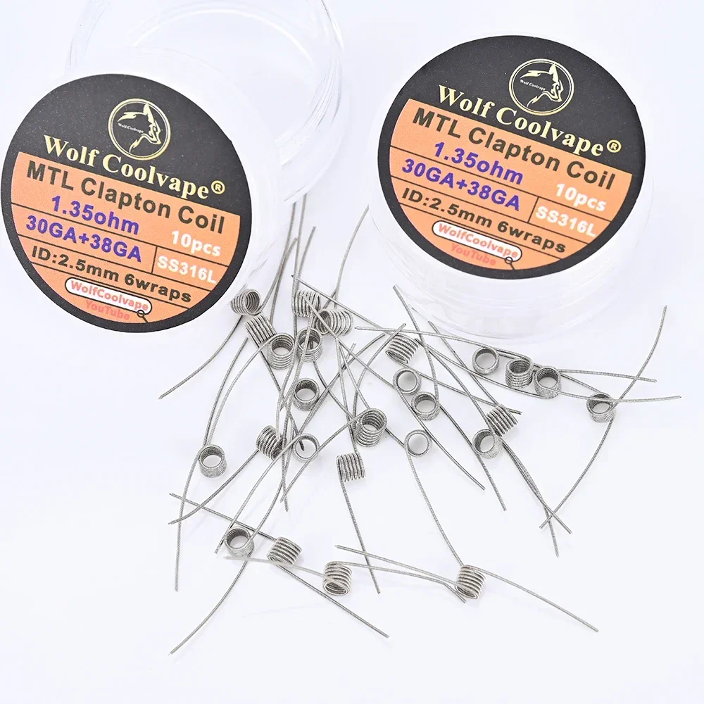 صندوق wolfcoolvape 1.35ohm MTL Clapton Coil 10 قطع - SS316L 30GA + 38GA سلك لرذاذ وخزانات RDA RTA Vape