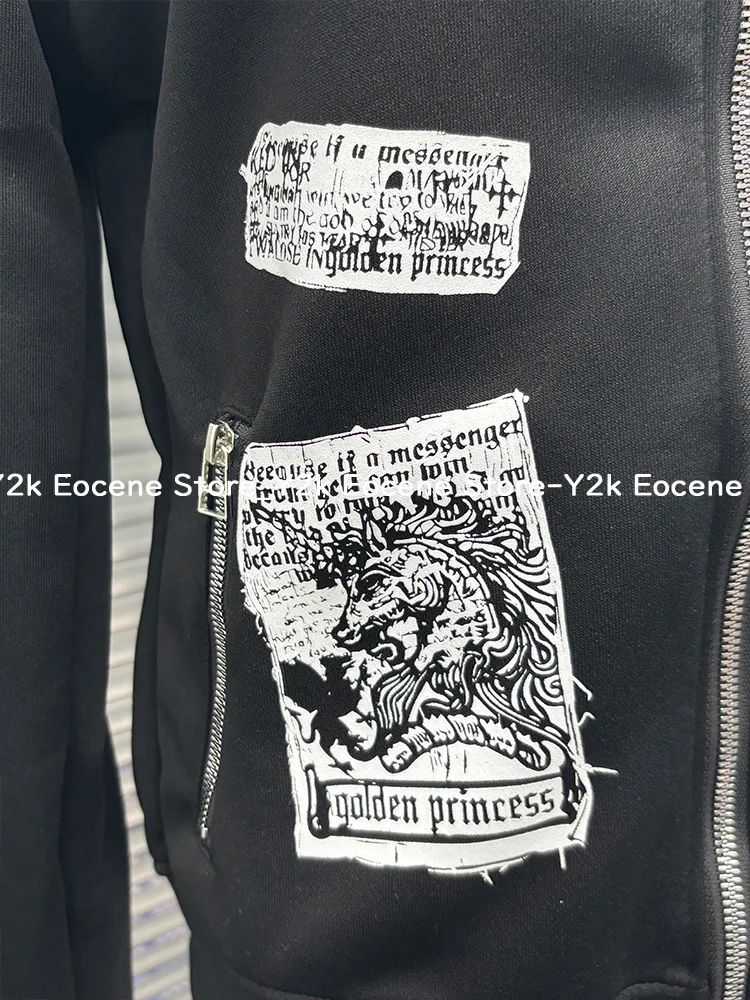 90s Vintage Unicorn Print Cropped Jacket Women Subculture Y2K Street Punk Rock Zipper Tops Jacket Aesthetic Loose Casual Clothes