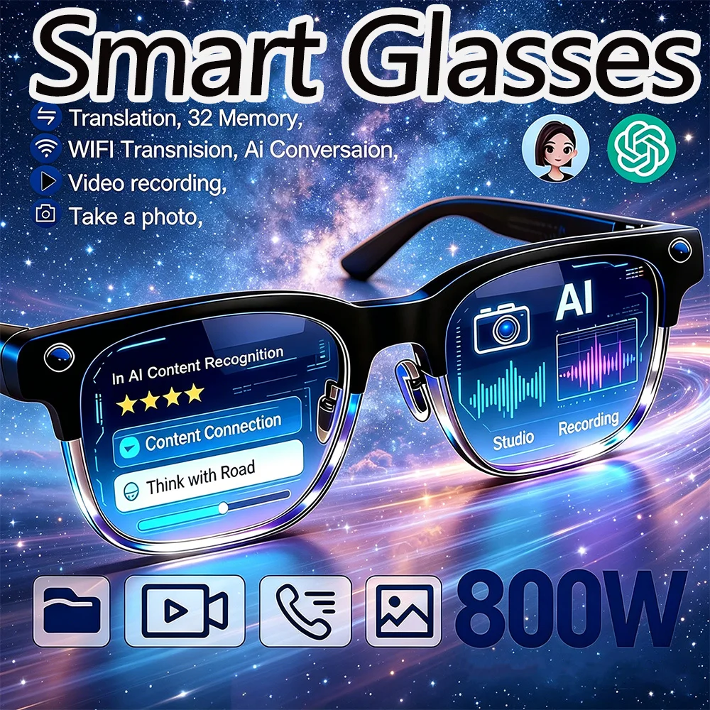 

Новые умные очки 2026 года с ИИ, камерой 800W, GPT, Wi-Fi, Bluetooth-звонками, видео и музыкальным плеером для мужчин и женщин